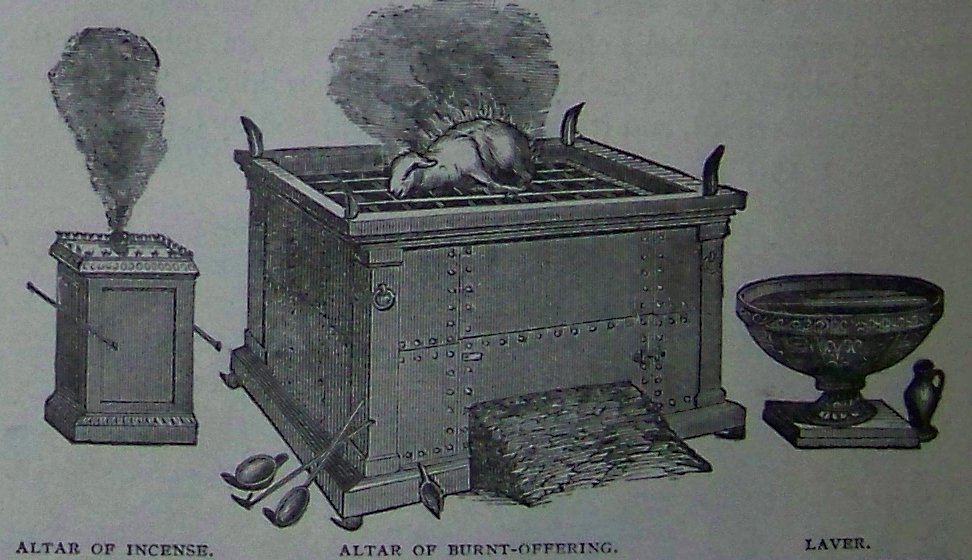 The Altar of Incense, Altar of Burnt-Offering, and Laver from the Biblical Tabernacle; illustration from the 1890 Holman Bible