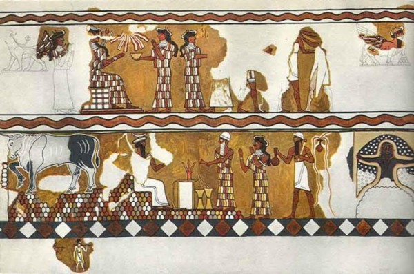 Painting scene from Mari (North-West Sumer) of the Annunaki including Inanna or Nanana (top register) and Enlil (middle register) being attended to by ‘lesser-dinger’ – the Iggigi. Note the ‘African’ race of Sumerians as distinct from, and indicated by the Aryan (White) ‘fisher-man’ and the African ‘fisher-man’ (partially shown) in the bottom register 